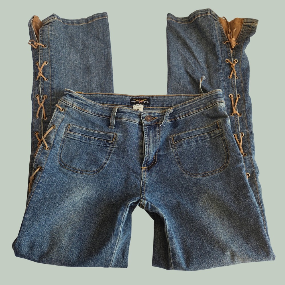 Virgin Only Y2K Corset Lace Up Leg Bootcut Jeans Blue Denim XL Vintage 2000s